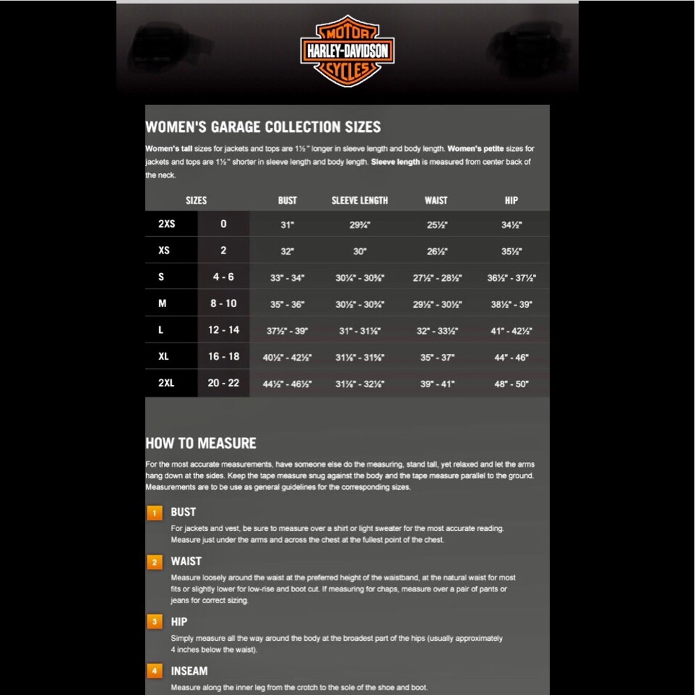 Women’s Harley Davidson size chart for clothing
